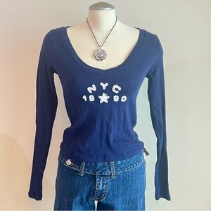 Urban Outfitters navy blue long sleeve crop top with NYC 1990 graphic Size M